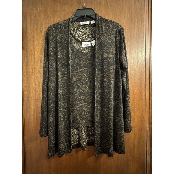 Chicos Travelers Cardigan Tank Set Sz 1 Brown Black Damask Broken Button - Picture 2 of 8